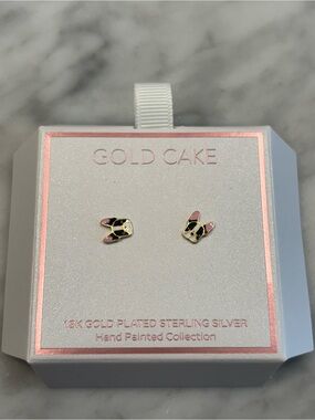 Gold Cake French Bulldog Stud Earrings - Black & Pink Enamel